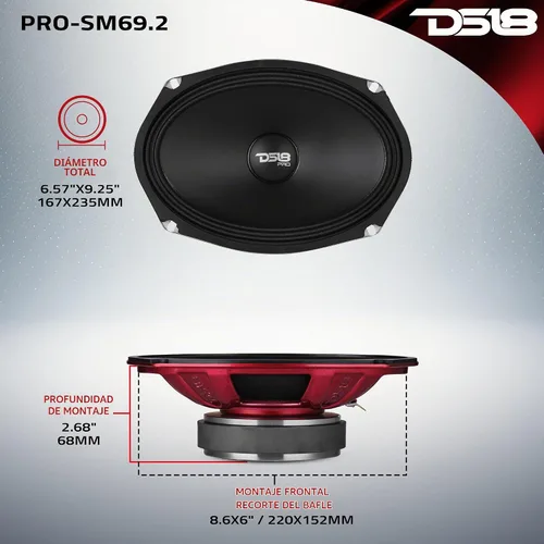 Vista 5 de DS18 PRO-SM69.2 6x9 Altavoz de Cono de Rango Medio de Montaje Poco Profundo Resistente al Agua, 500W Potencia Máxima, 250W RMS, 2 Ohmios - Perfecto