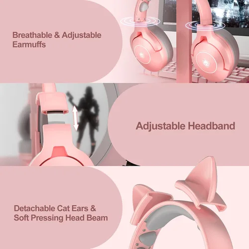 Vista 6 de PHOINIKAS Auriculares inalámbricos para juegos con bonitas orejas de gato con cable para PS5 PS4 PC Nintendo Switch Q9 sobre la oreja con micrófono