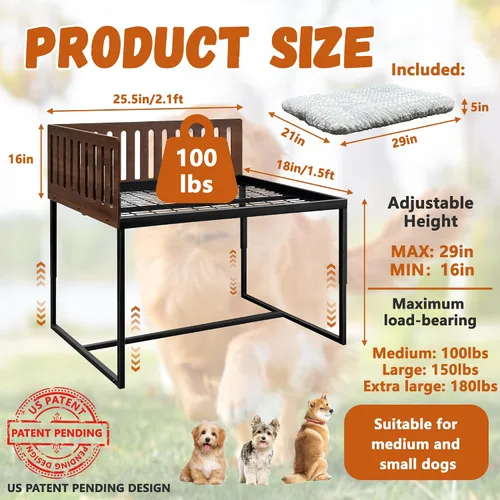 Vista 3 de Beside - Cama para perro, 2 paneles de altura ajustable, marco de cama de metal para perros de 25.5 x 18 pulgadas con cojín, tamaño mediano