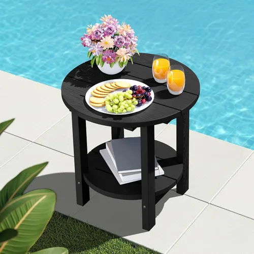 Vista 11 de SERWALL Mesa auxiliar redonda para exteriores, mesa auxiliar Adirondack pequeña de HDPE, mesa auxiliar de patio de 2 niveles para patio trasero