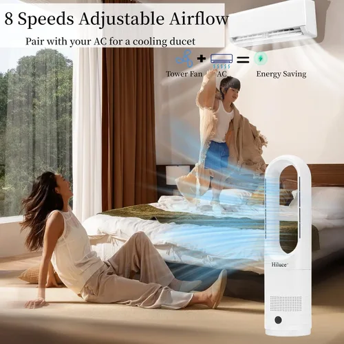 Vista 3 de Hiluce Ventilador sin aspas para todas las estaciones, combo de calentador de espacio de 1400W y ventilador de torre de 40W con control remoto