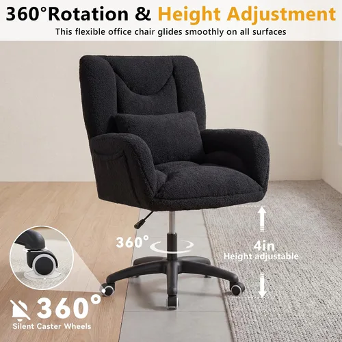 Vista 4 de FOXHUNTER Silla de tocador con respaldo ergonómico y ruedas, silla giratoria de 360°, silla de oficina en casa de altura ajustable para sala de Negro
