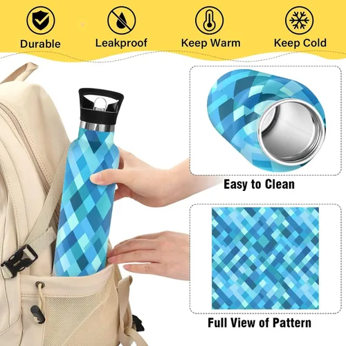 Vista 4 de Diamond Teal Royal Blue Double-Wall Insulation Reusable Water Bottle Insulated with Straw Lid BPA-Free Leak Proof for Sport Gym Outdoor Travel School