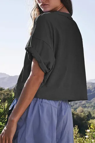 Vista 4 de Camisetas cortas extragrandes de entrenamiento de para mujer, estilo informal, de manga corta, hombros caídos, con dobladillo enrollado, básicas