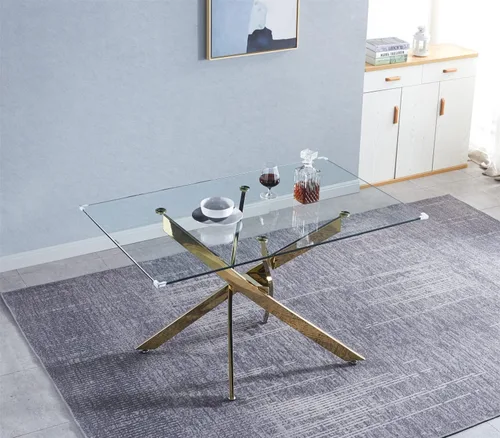 Vista 8 de Mesa de comedor moderna de vidrio de 51 pulgadas, mesa de cocina rectangular con mesa de vidrio templado de 0.39 pulgadas y patas de acero