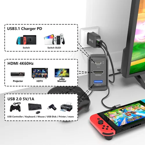 Vista 2 de RREAKA Switch Dock Charger for Nintendo SwitchOLED, Portable TV Docking Station for Nintendo Switch 4K60Hz HDMIUSB2.0PD USB-C Fast Charging Ports