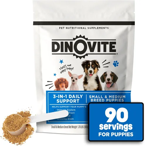 Vista 3 de Dinovite Probiótico 3 en 1 para cachorros, piel y pelaje, salud digestiva y alivio articular, complementos alimenticios para perros, aceite