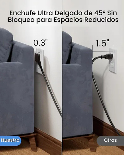 Vista 6 de SUPERDANNY - Cable de extensión de 1.5 pies, mini regleta de alimentación en ángulo ultra derecho, enchufe plano para espacios reducidos, extensión