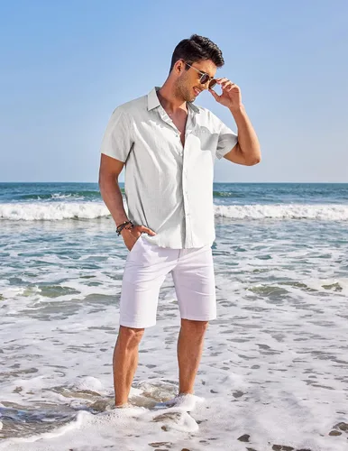 Vista 2 de Coofandy - Camisas casuales de lino para hombre, de manga corta, con botones, para verano y playa