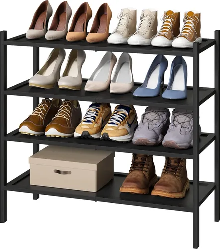 Vista 8 de kiplant Zapatero de bambú negro de 2 niveles, zapatero apilable de madera de bambú para armario, entrada y pasillo