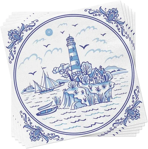 Vista 3 de Servilletas náuticas AZUL LIGHTHOUSE TILE 40pcs Servilletas de cóctel azul y blanco, papel de decoupage costero