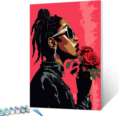 Vista 9 de Pintura por Números Afroamericana DIY Pintura Acrílica Kit de Pintura por Números para Niños Adultos Principiantes Chica Negra de Moda DIY Pintura
