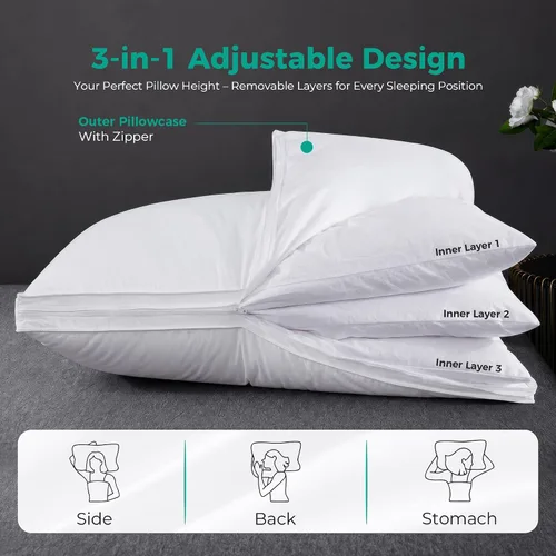 Vista 2 de Three Geese Almohada de plumas de ganso de capa ajustable, almohada de cama ensamblable, funda 100% algodón orgánico suave, buena para dormir boca
