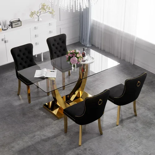 Vista 41 de Juego de mesa de comedor de cristal moderno de mediados de siglo para 4, 63 pulgadas, juego de comedor rectangular grande de lujo con parte superior