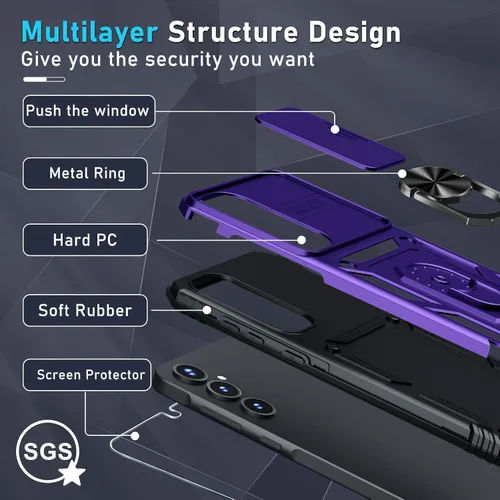 Vista 4 de Janmitta Funda compatible con Samsung Galaxy A35 5G, funda integrada para lente de cámara deslizante + protector de pantalla + soporte de anillo