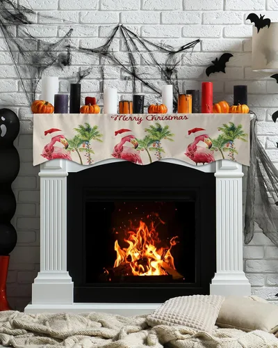 Vista 3 de Bufanda de manto de Feliz Navidad, 60 x 17 pulgadas, flamenco tropical, palmera, chimenea, mantel de chimenea, cubierta de mantel para Navidad