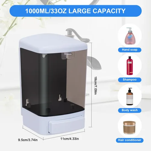Vista 3 de Dispensador de jabón para montaje en pared, 33.8 oz/33.8 fl oz, dispensador de jabón manual comercial montado en la pared para baño, cocina, hotel