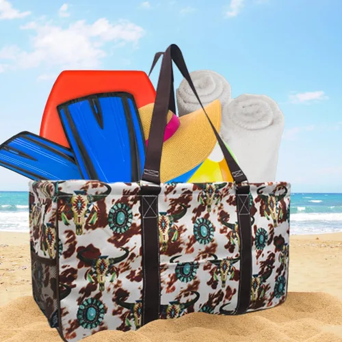 Vista 360 de NGIL Bolsa de comestibles reutilizable extra grande plegable de gran tamaño para comestibles, almacenamiento, picnic, playa, Estampado