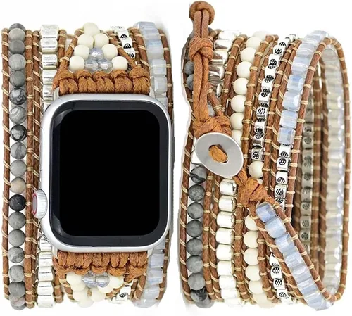 Vista 23 de Correa de reloj de cuerda trenzada con cuentas, estilo bohemio, gira 5 veces, múltiples capas, compatible con reloj Apple Watch de 45 mm, 41 mm, 44