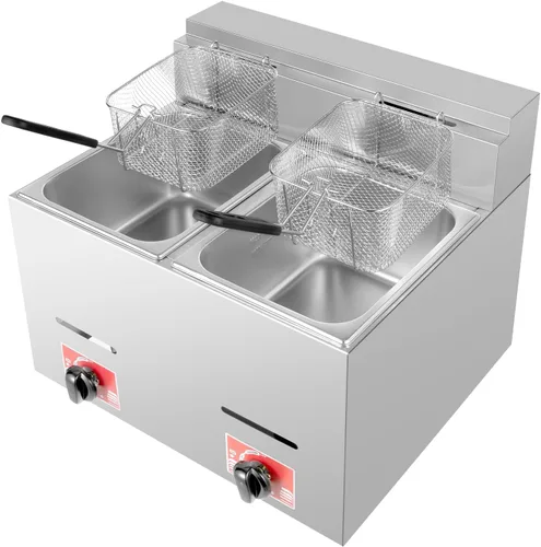 Vista 8 de Freidora comercial de doble tanque con 2 cestas y tapas, cada tanque de capacidad óptima de 6 litros/6.34 cuartos de galón, freidora eléctrica