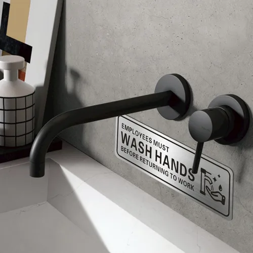 Vista 4 de Letrero de metal de acero inoxidable con texto en inglés "Employees Must Wash Hands Before Return to Work", con autoadhesivo, 9 x 3 pulgadas