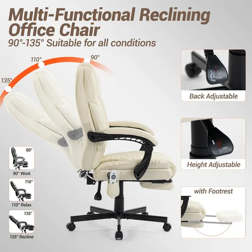 Vista 5 de Silla de oficina de masaje con reposapiés, sillas ejecutivas de calefacción por vibración de 6 puntos, silla ejecutiva ergonómica para oficina