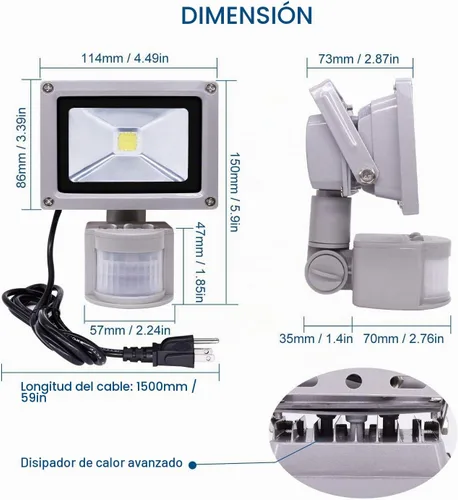Vista 2 de Luces de inundación con sensor de movimiento al aire libre, lámpara LED de inducción de 10 W, foco impermeable IP65, 6500 K luz de sensor LED, luz