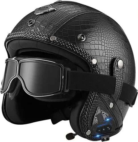 Vista 15 de Casco retro de motocicleta con Bluetooth, casco de cuero Jet con gafas personalizadas, medio casco de motocicleta 3/4 aprobado por DOT, casco