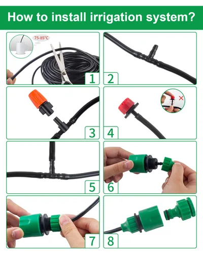 Vista 3 de Sistema automático de riego por goteo de 50 pies para jardín, kit de micro riego de 1/4 pulgadas con boquilla de nebulización ajustable y goteros