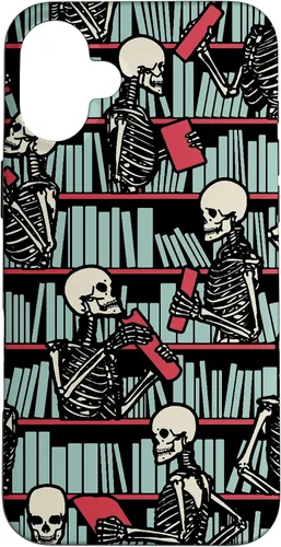 Vista 22 de iPhone 16 Bookish Public Library Skeleton Goth Librarian Books Pattern Case