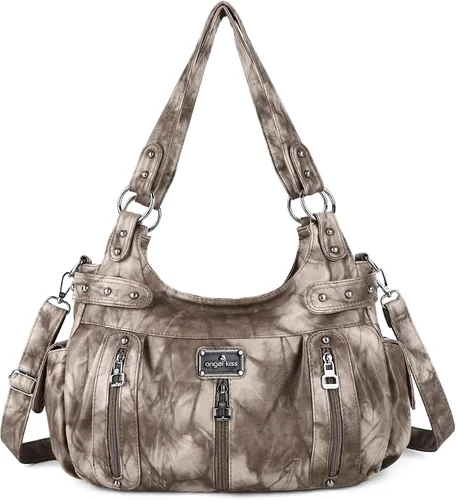 Vista 16 de Angelkiss Bolsos grandes y carteras para mujer de cuero sintético lavado tipo hobo, bandolera, bolso cruzado, bolso de hombro, bolso de mano
