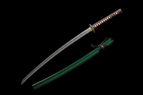 Vista 4 de Katana verde hecha a mano, espada samurái japonesa 1095 de arcilla de acero templada, hoja de afeitar de espiga completa, afilada, regalos para él
