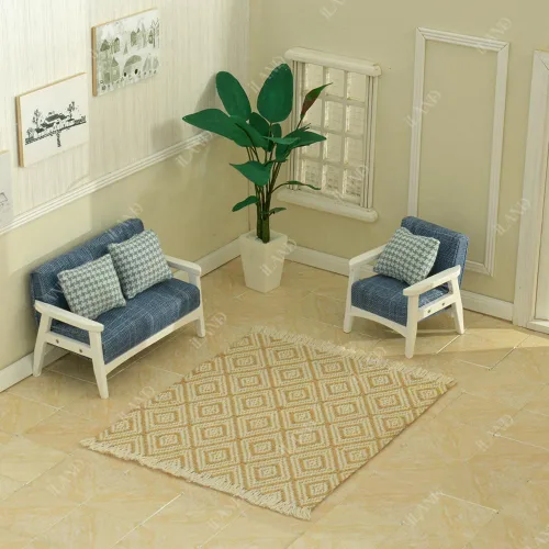 Vista 2 de iLAND Juego de sofá de casa de muñecas y sofá en miniatura con mini cojines de pata de gallo, muebles de casa de muñecas en escala 1/12 para sala