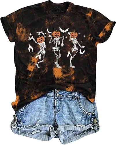Vista 23 de Woffccrd - Camisetas divertidas con estampado de calabaza y leopardo para mujer, camisetas gráficas de manga corta de Halloween para mujer
