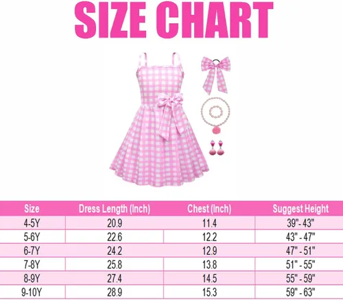 Vista 7 de Vestido a cuadros rosa para niñas, disfraces de cosplay con accesorios de 4 a 14 años