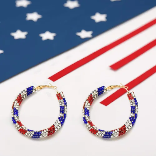 Vista 6 de MUYUU Pendientes rojos, blancos y azules, aretes de aro patrióticos con bandera de EE. UU. para mujer, joyería patriótica, chapado en rosa, Diamante