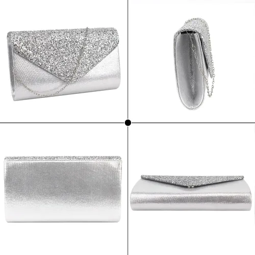 Vista 3 de Queena Bolso de mano de noche brillante con purpurina para mujer, bolso de mano con cadena para boda, fiesta, graduación, regalo para mamá, esposa
