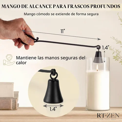 Vista 3 de RTZEN Campana de velas rústica con campana - Apagador de velas de hierro forjado decorativo hecho a mano con mango largo - Accesorios únicos