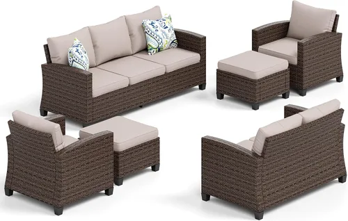 Vista 40 de HERA'S HOUSE - Juego de muebles para patio con mesa para fogata, muebles de mimbre para exteriores, sofá de conversación con asientos profundos