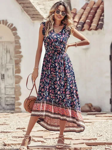 Vista 7 de PRETTYGARDEN Vestido largo de verano para mujer, casual, floral, cuello en V, mangas casquillo, bohemio, alto y bajo, vestido largo de sol