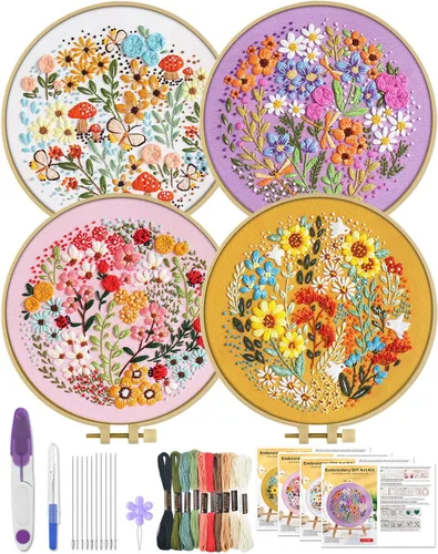 Vista 9 de ERKOON 4 Kits de Bordado, Juego de Punto de Cruz de Animales que Incluye Tela de Bordado, Aros, Hilos para Amantes de las Manualidades, Puntada a
