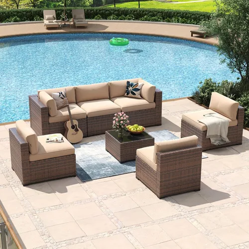 Vista 2 de Aoxun - Juego de 7 piezas de muebles de patio de mimbre de ratán, conjunto de sofá modular para conversación de patio con mesa de café y cojines