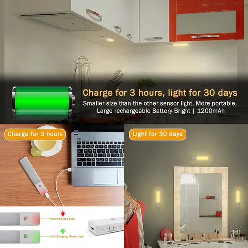 Vista 5 de Luces LED recargables para debajo del gabinete, con sensor de movimiento magnético para interiores, sensor de movimiento, luces inalámbricas