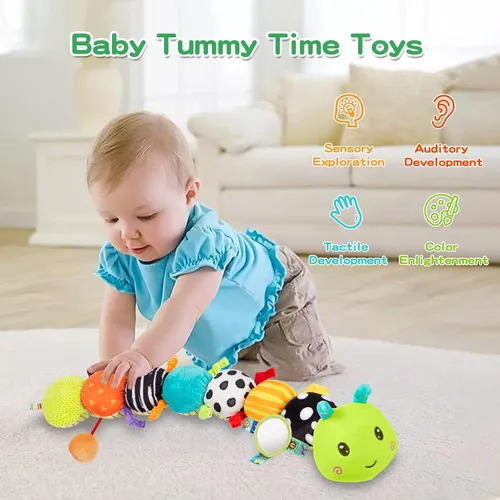 Vista 2 de Juguetes Sensoriales para Bebés de 0-6 6-12 Meses, Oruga de Peluche Musical con Sonido Arrugado y Sonajero, Juguetes para Tiempo Boca Abajo