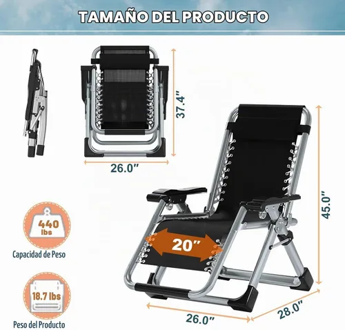 Vista 3 de ABORON Silla Zero Gravity, reclinable ajustable para exteriores con cojín extraíble, reposacabezas y bandeja lateral, silla de descanso plegable