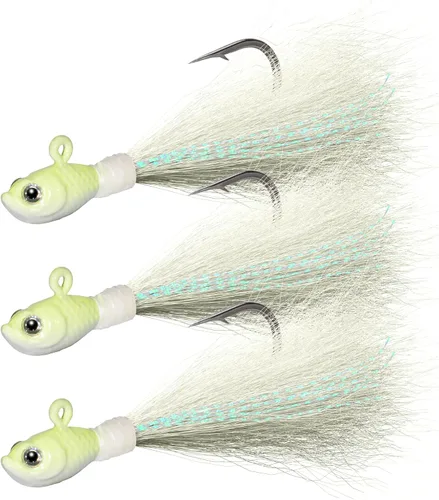 Vista 17 de Dr.Fish Paquete de 3 señuelos de cola de cubo para el cabello, señuelos de agua salada y dulce para pesca de surf, pesca, blanco, rojo, Chartreuse