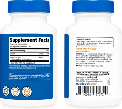Vista 4 de Nutricost Cápsulas de ácido hialurónico de 100 mg, 120 cápsulas vegetarianas, sin gluten, sin OGM