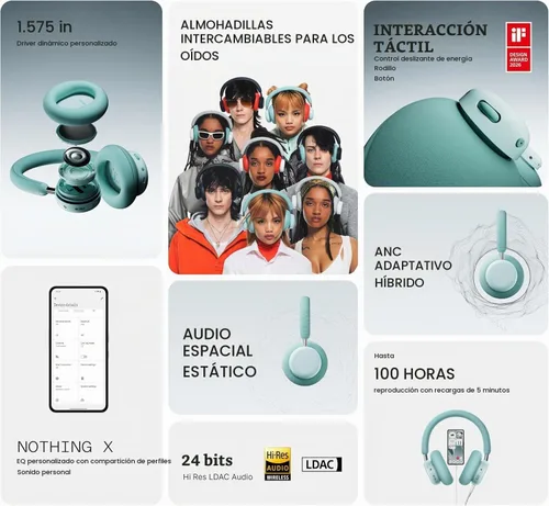 Vista 2 de CMF BY Nothing Auriculares inalámbricos con cancelación activa de ruido Bluetooth 5.4 sobre la oreja, tiempo de reproducción ANC 50H, control