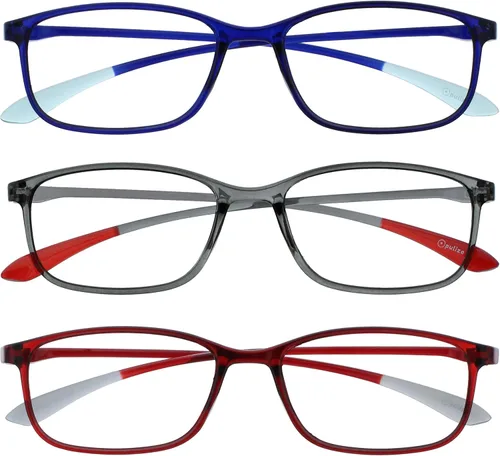 Vista 14 de OPULIZE ICE - Lentes de lectura para mujeres y hombres, marco rectangular resistente a los arañazos con bisagras de resorte, azul oscuro cristal
