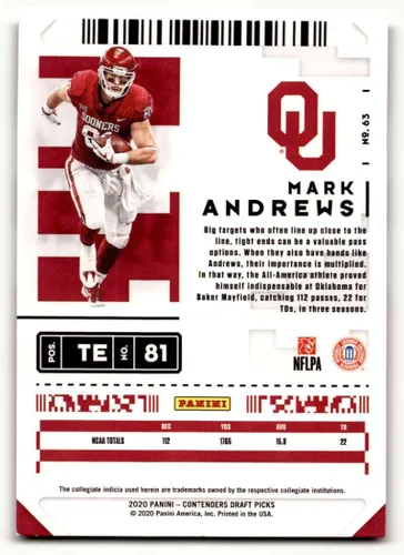 Vista 2 de 2020 Panini Contenders Draft Picks #63 Mark Andrews Oklahoma Sooners Football Cards NM Near Mint Football Card